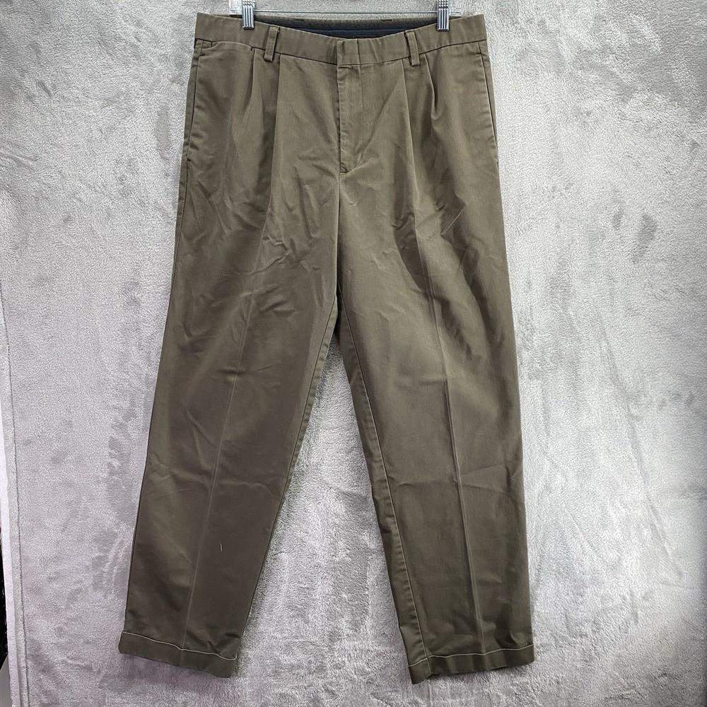 Dockers Men 34x32 Olive Pleated Khaki Pants Stain Defender Teflon